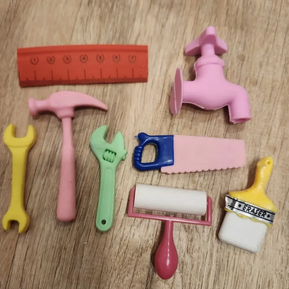 7 Vtg 1980s Erasers Rubber Tools Water Tap Spigot Paint Hammer Saw Wrench Ruler